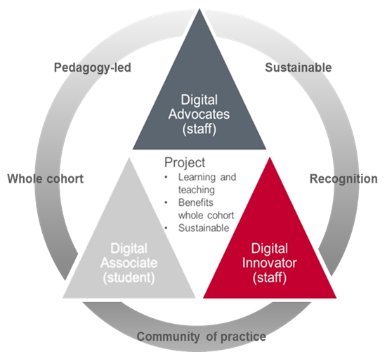 Pyramid showing the connection between Digital Associate, Digital Innovator and Digital Advocate. In the centre are the project criteria of focused on learning and teaching, benefits whole cohort, and sustainable. Encircling the pyramid are the additional aims of recognition and forming a community of practice.