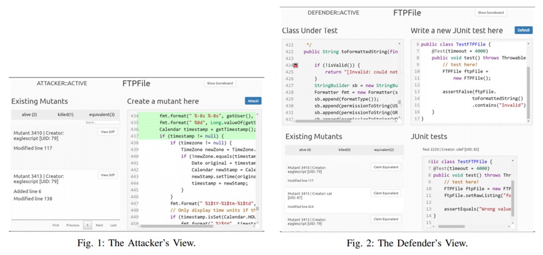 Image of attacker and defender interface in Code Defender game.